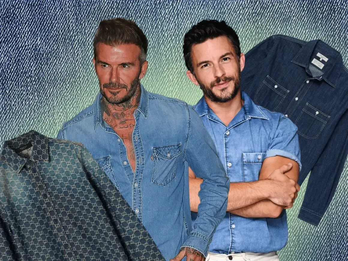 David Beckham e un altro uomo sfoggiano un outfit camicia jeans uomo, con camicie di diverse tonalità e fantasie in denim.