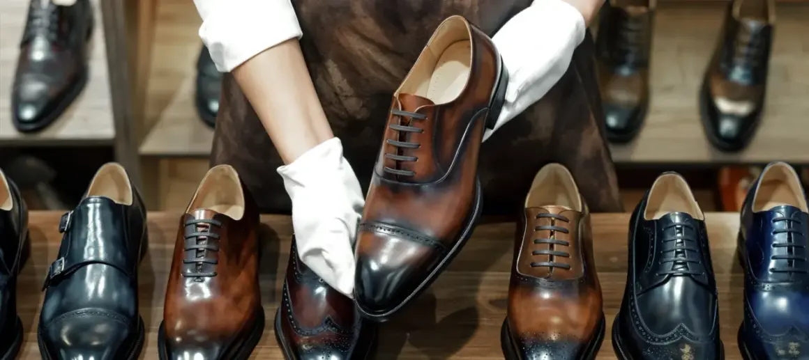 Mani guantate presentano una scarpa stringata marrone lucida, con la linguetta scarpa ben visibile. Altre scarpe eleganti in esposizione.