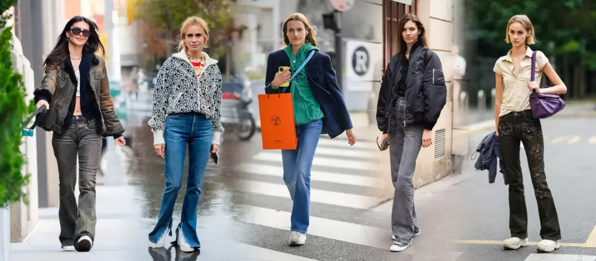 Cinque donne mostrano come abbinare le scarpe ai pantaloni a zampa: sneakers, stivali e sabot.