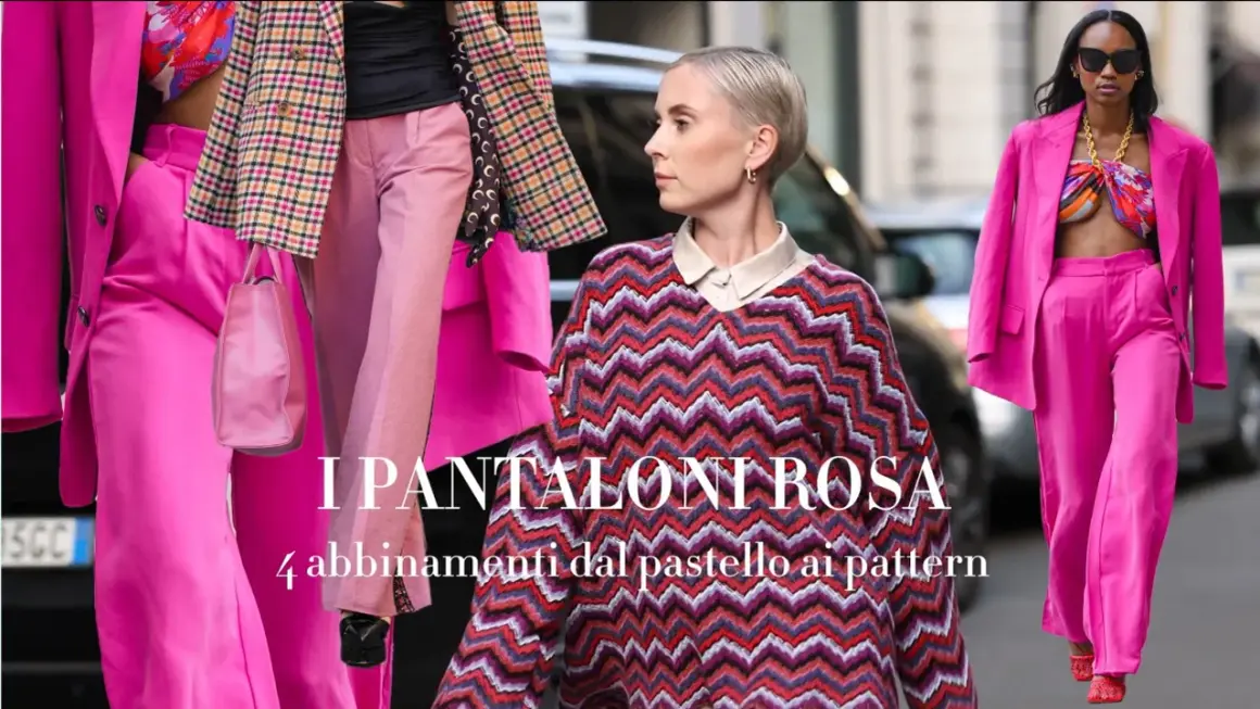 Moda in rosa: un vestito rosa acceso con scarpe abbinate, un completo fucsia e un maglione a zig-zag.