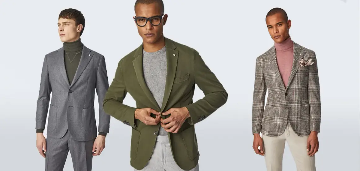 Tre uomini mostrano un elegante abbigliamento business casual uomo: completi grigi, giacche verdi e a quadri con dolcevita.