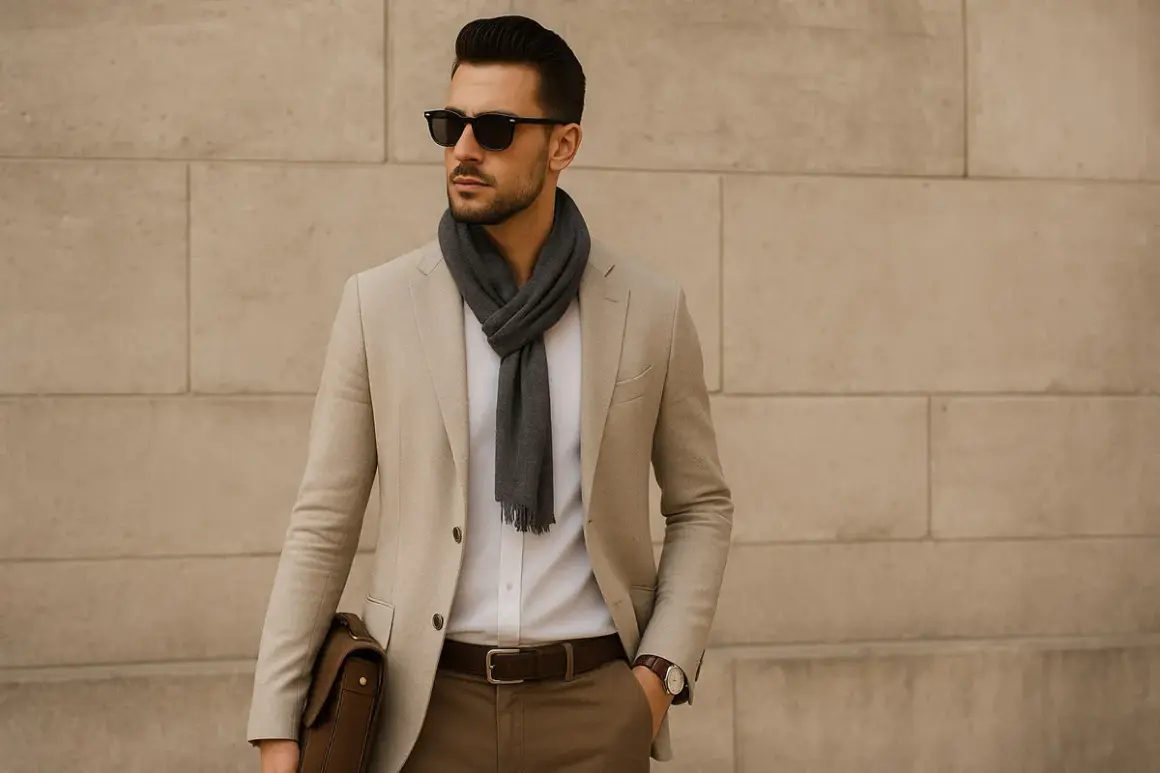 Uomo con outfit elegante: blazer beige, camicia bianca, sciarpa grigia e pantaloni marroni. Un perfetto outfit maglione collo alto uomo.