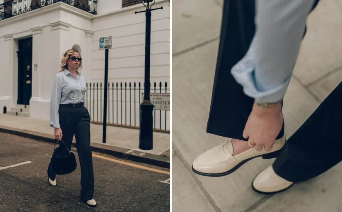 Scarpe per tailleur pantalone: mocassini chiari completano un look elegante con pantaloni scuri e camicia a righe.