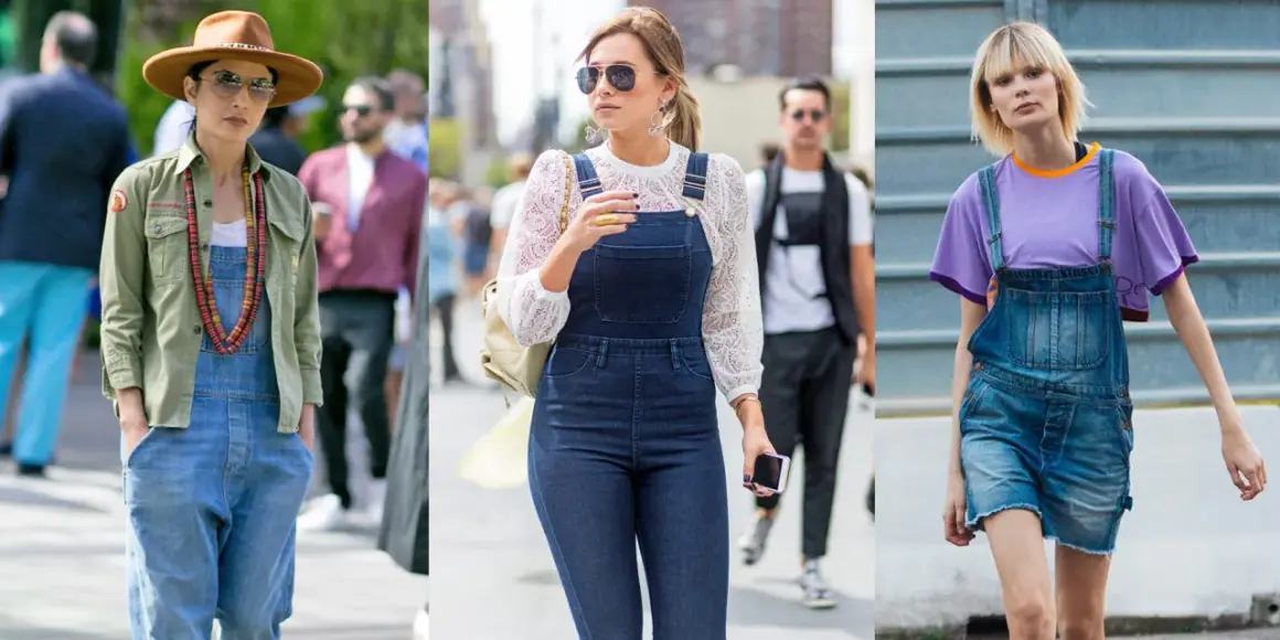 Tre donne indossano salopette di jeans. Una con camicia verde e cappello, una con blusa di pizzo, l'altra con t-shirt viola. Ecco cosa mettere sotto la salopette!