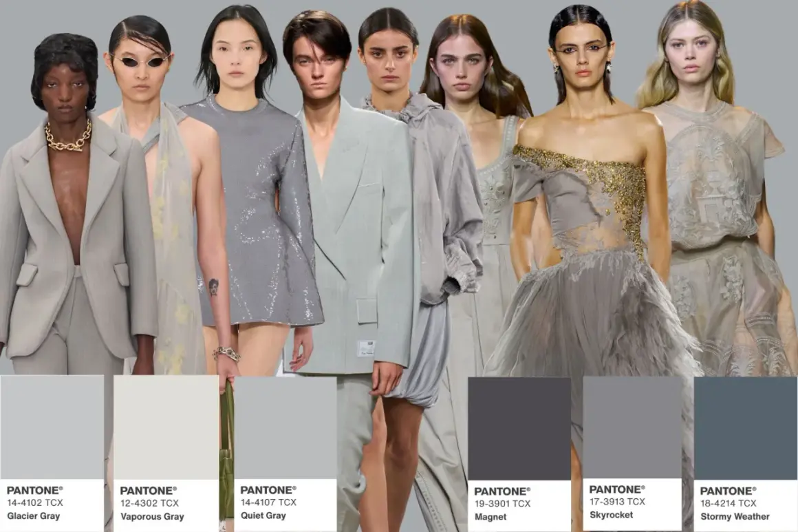 Modelle con abiti in varie tonalità di grigio, dal chiaro al grigio antracite scuro.