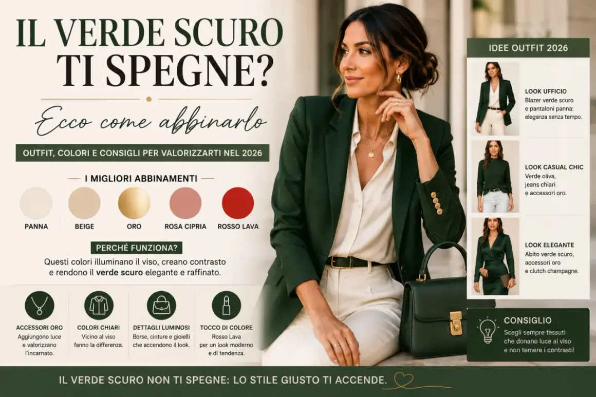 Donna con blazer verde scuro, camicia panna e pantaloni chiari. Scopri come abbinare il verde bottiglia per un look elegante e di tendenza.