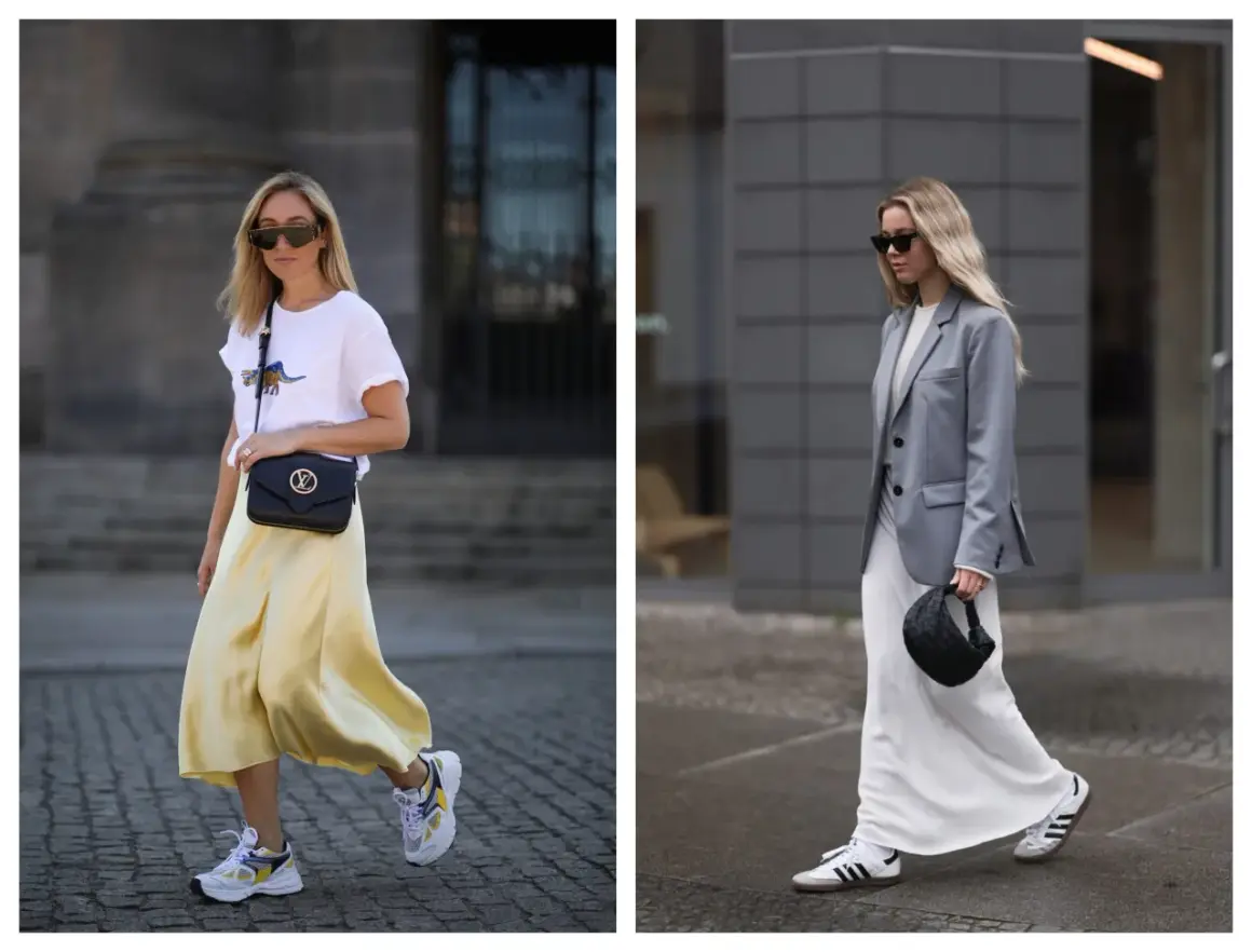 Due donne sfoggiano un outfit elegante con sneakers. Una con gonna gialla e t-shirt, l'altra con abito bianco e blazer grigio.