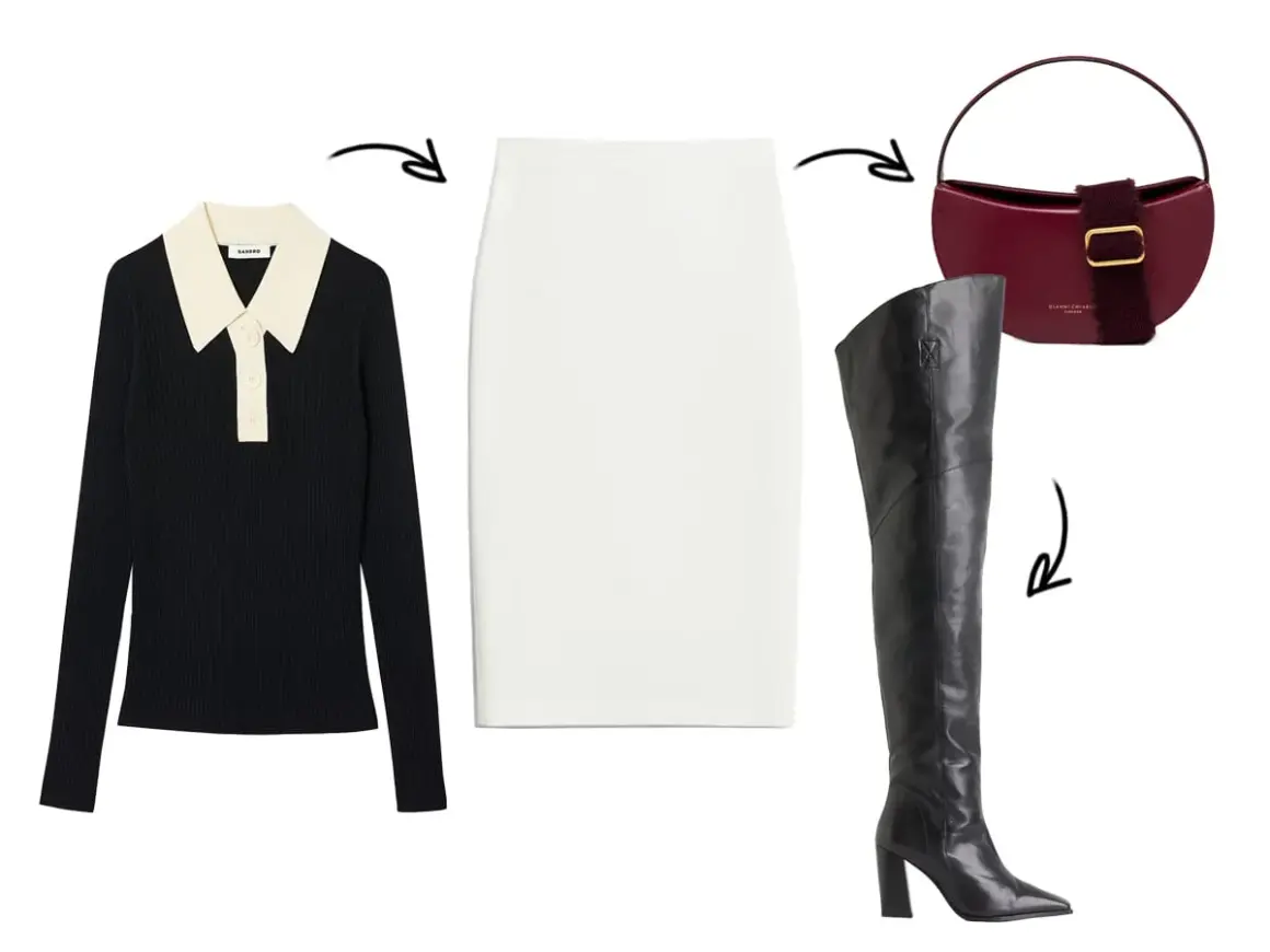 Look chic: maglione nero con colletto, gonna bianca e stivali alti sopra il ginocchio neri. Borsa bordeaux per completare.