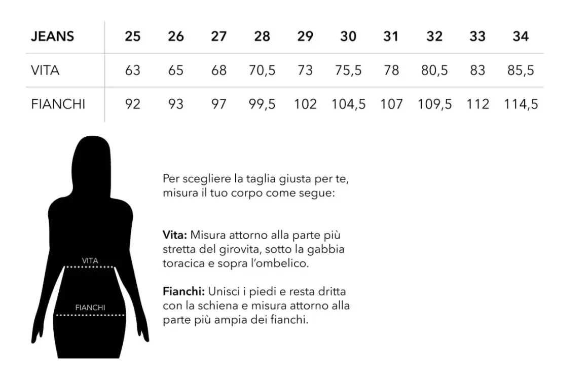 Tabella taglie jeans: la taglia 6 corrisponde a una vita di 63 cm e fianchi di 92 cm. Guida per misurare vita e fianchi.