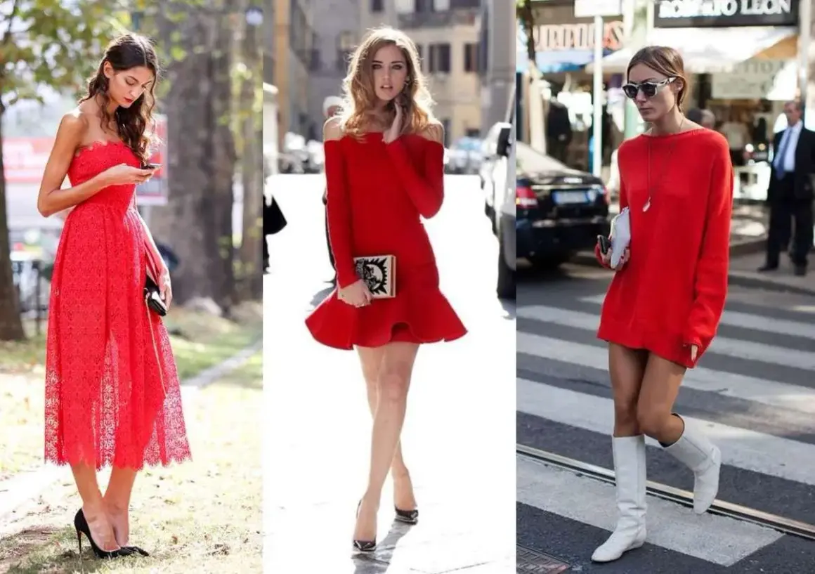 Tre donne sfoggiano un vestito rosso: una con pizzo e tacchi neri, un'altra con maniche a spalle scoperte e clutch, la terza con maglione oversize e stivali bianchi. Scarpe da abbinare per ogni look.