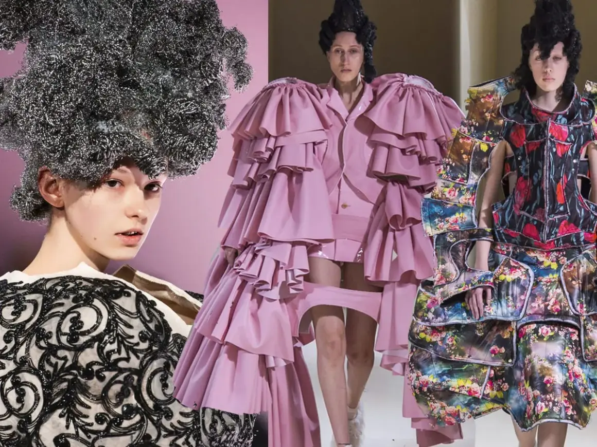 Modelli con acconciature audaci e abiti voluminosi, un'espressione della visione di Rei Kawakubo.