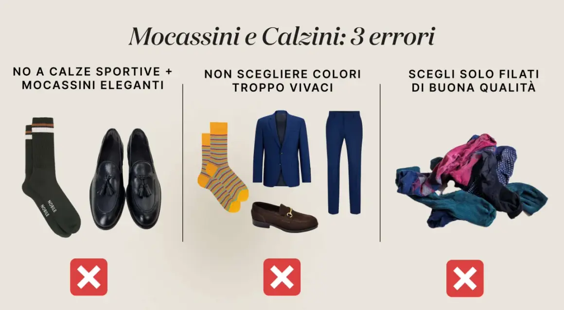 Guida su come indossare i mocassini donna: evita calze sportive, colori troppo vivaci e filati di bassa qualità. Scegli eleganza.