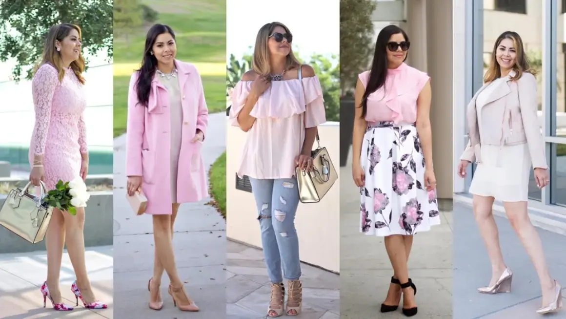 Five women in various pink outfits, showcasing different styles and accessories.