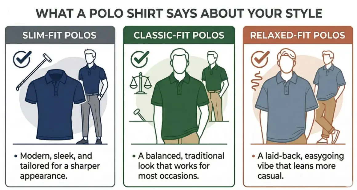 Guida allo stile: l'outfit polo uomo si declina in slim-fit (moderno), classic-fit (tradizionale) e relaxed-fit (casual).