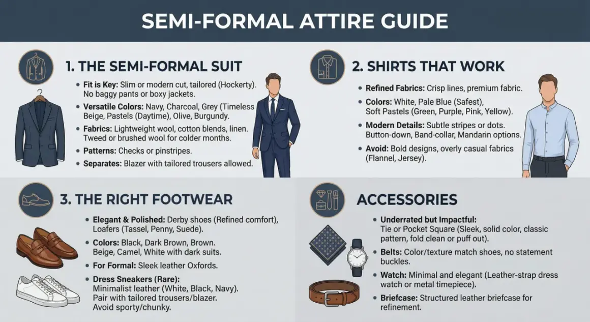 Guida all'abbigliamento semi-formale: abiti sartoriali, camicie raffinate, scarpe eleganti e accessori curati per un look impeccabile.