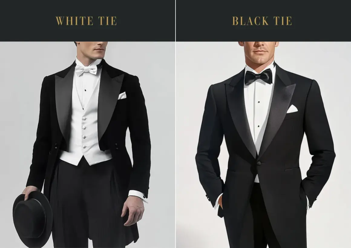 Uomo con frac e panciotto bianco, papillon bianco, cappello in mano. Eleganza per un evento "white tie".