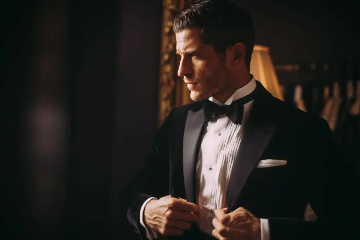 Uomo elegante con smoking e papillon, pronto per un evento speciale.