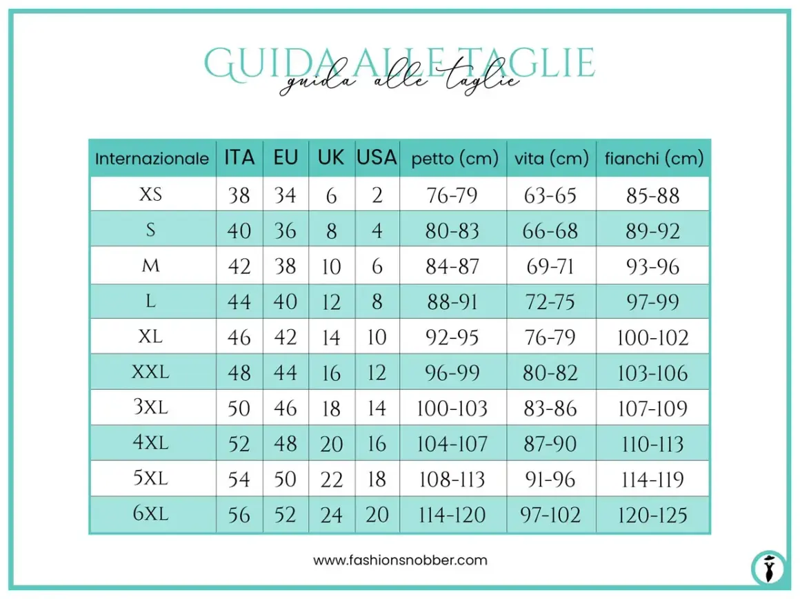 Guida taglie: la taglia 25 corrisponde a una taglia internazionale XS, con petto 76-79 cm, vita 63-65 cm e fianchi 85-88 cm.