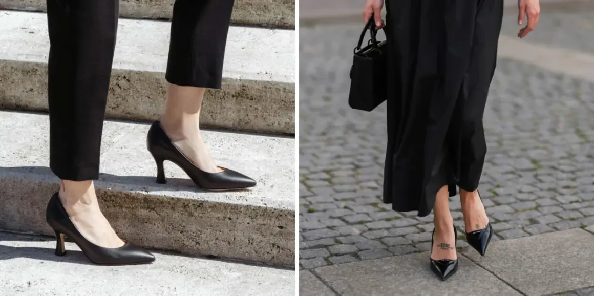 Eleganza in nero: un outfit decolleté tacco basso, perfetto per ogni occasione.