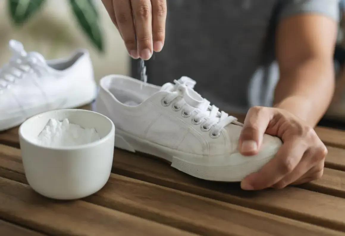 Un rimedio naturale per come togliere puzza dalle scarpe: bicarbonato versato dentro una scarpa bianca.
