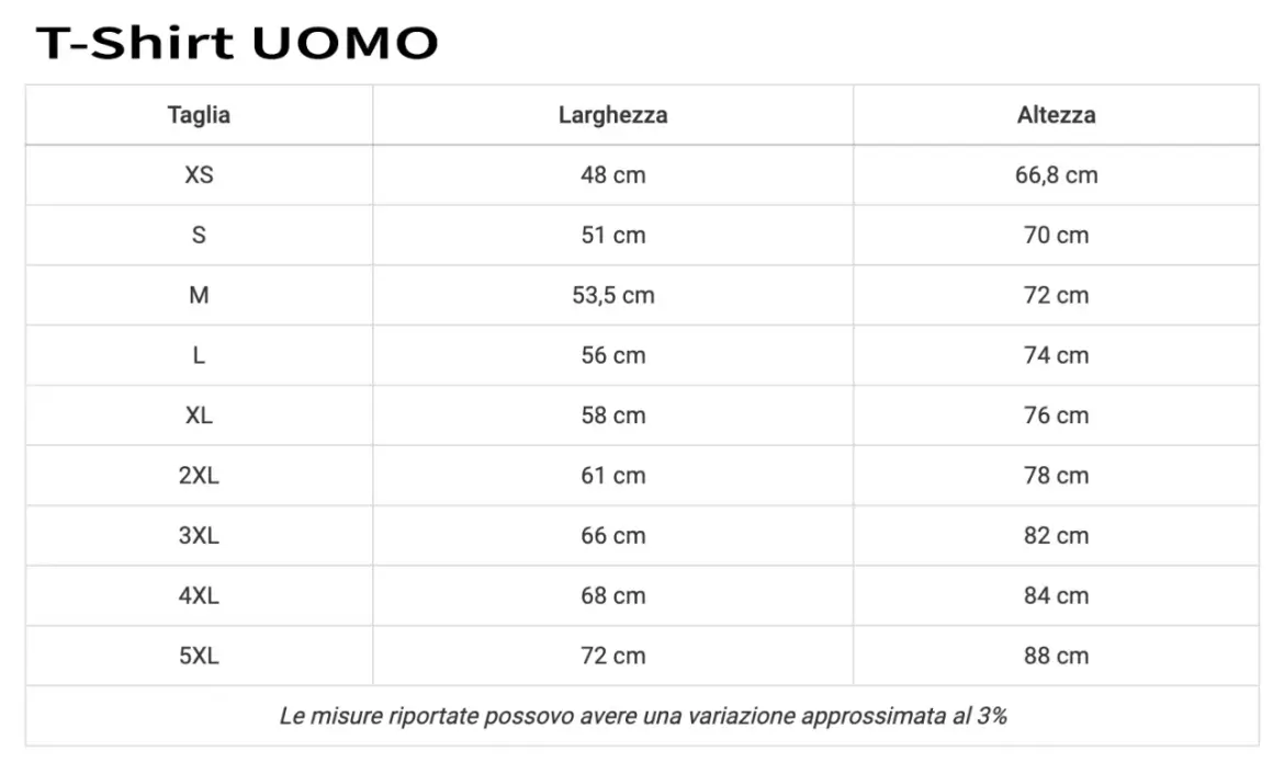 Tabella taglie T-Shirt UOMO: taglia 48 uomo a cosa corrisponde? La L ha larghezza 56 cm e altezza 74 cm.