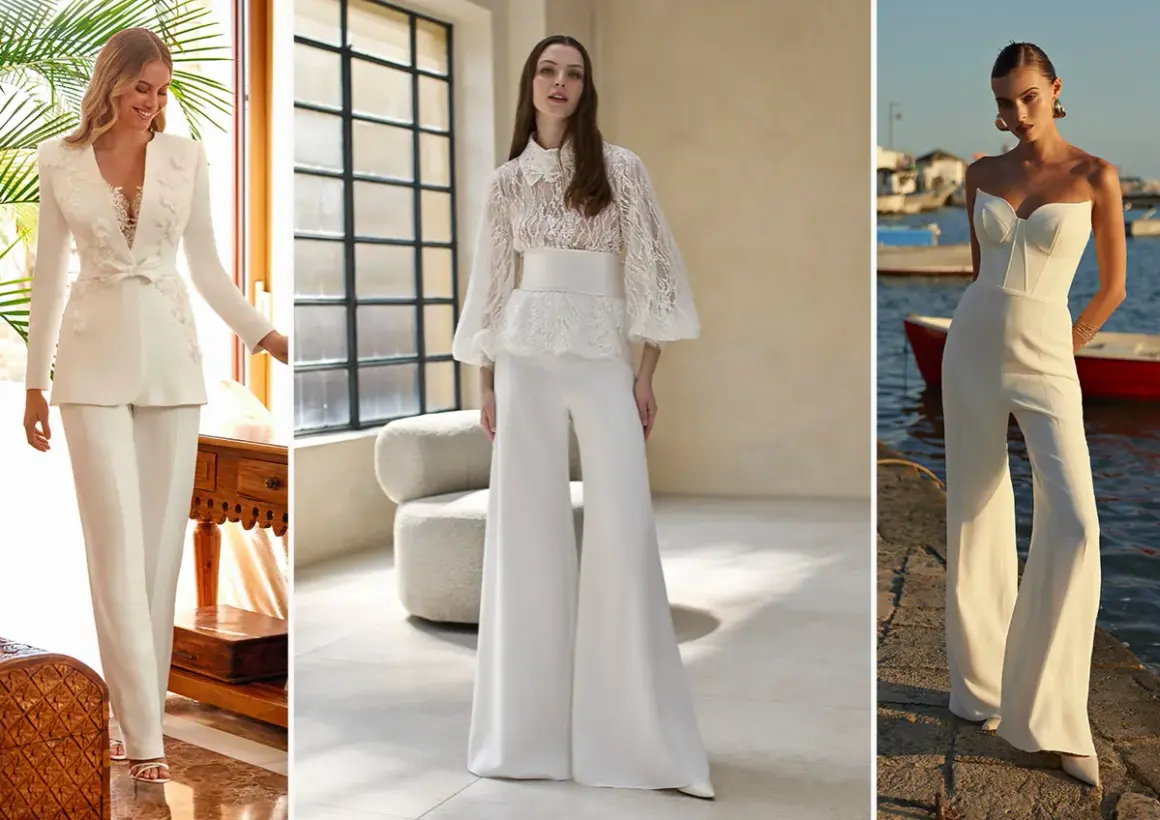 Eleganza in bianco: tre modi chic per come vestirsi ad un matrimonio con pantaloni, da completi sartoriali a jumpsuit.