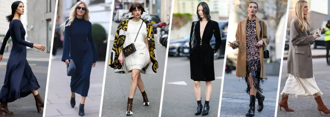 Sei donne sfoggiano diversi outfit con stivaletti bassi, da abiti eleganti a look più audaci.