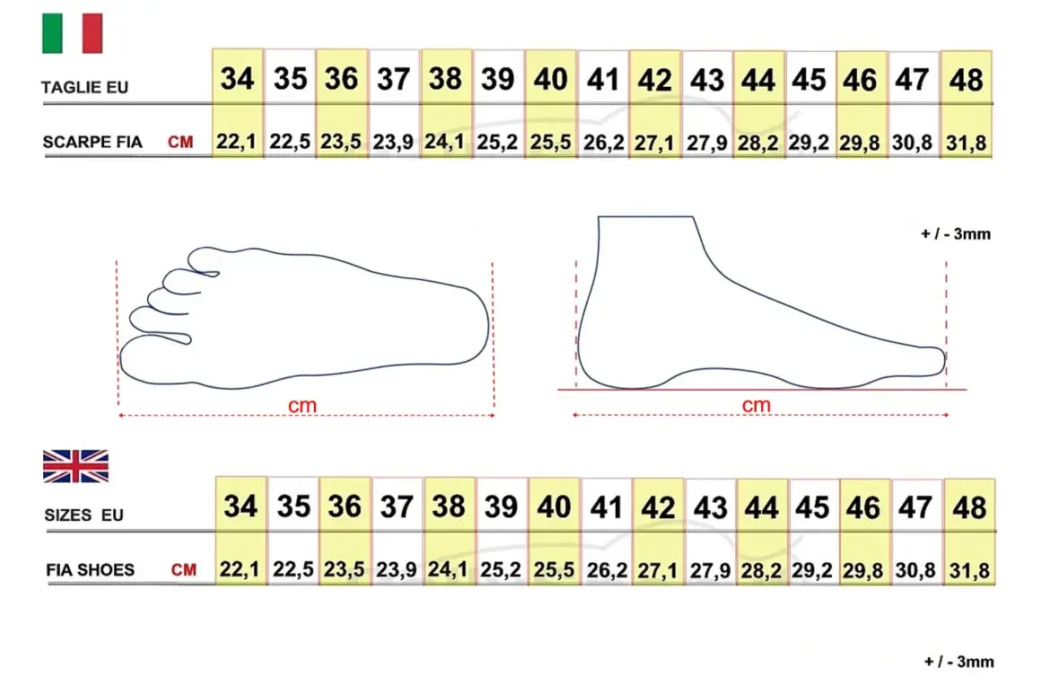 Tabella taglie FIA per scarpe, con misure in cm e taglie EU. Aiuta a trovare la misura giusta, evitando problemi con le taglie americane.