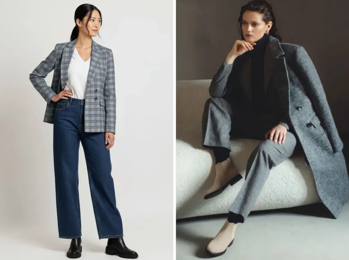 Due outfit donna con blazer e jeans o completo grigio, completati da eleganti chelsea boots.
