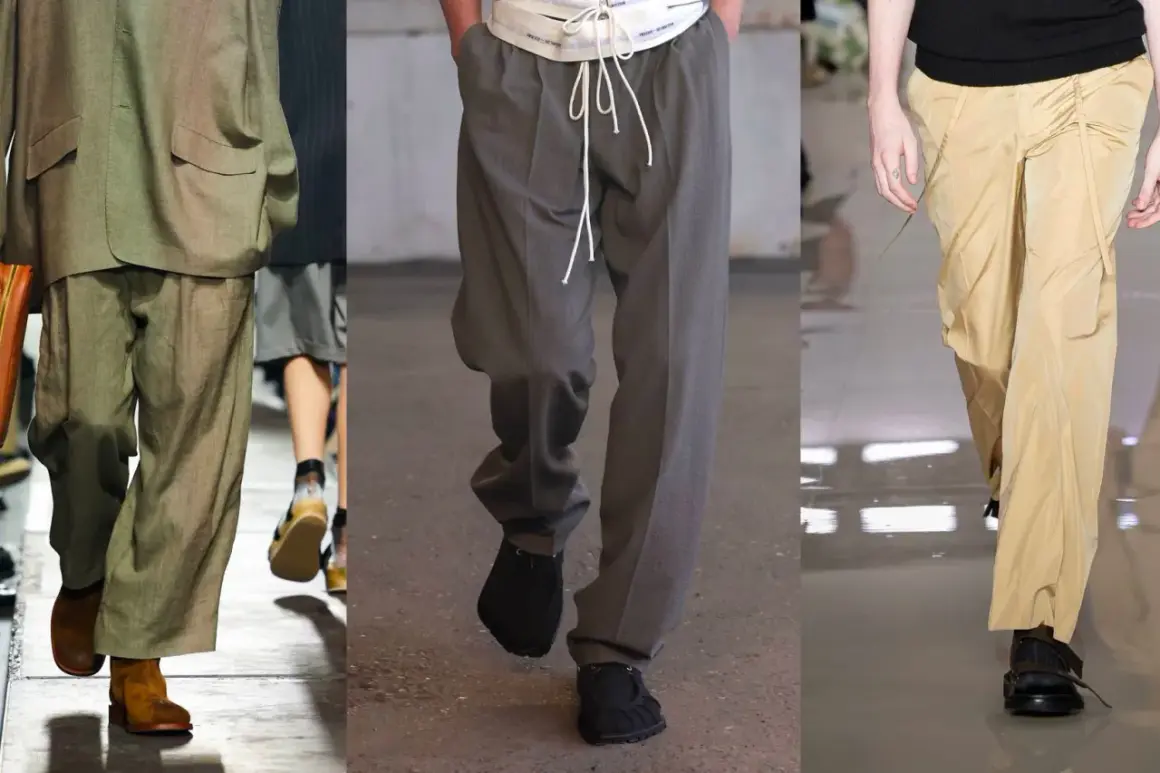 Tre modelli di pantaloni uomo: uno in lino beige con giacca abbinata, uno grigio con coulisse e uno color sabbia drappeggiato.