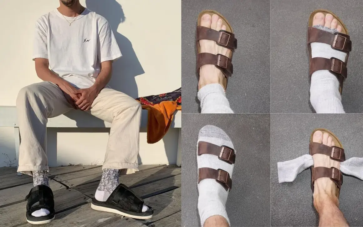 Un uomo indossa Birkenstock con calzini, mostrando diverse angolazioni e stili di calzini abbinati ai sandali.