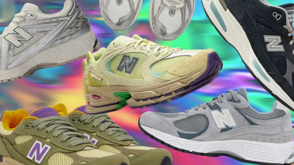 Sneakers colorate e iconiche dell'azienda New Balance, un mix di stili e modelli che celebrano la storia del brand.