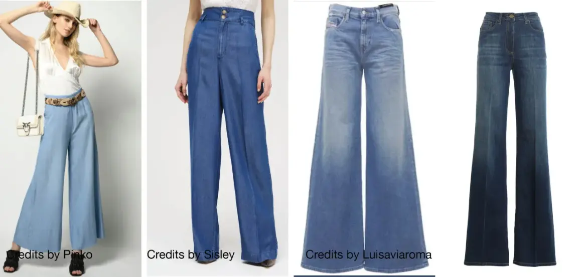 Modelli di pantaloni in denim con gamba larga, che illustrano il "wide fit significato" per un look comodo e alla moda.