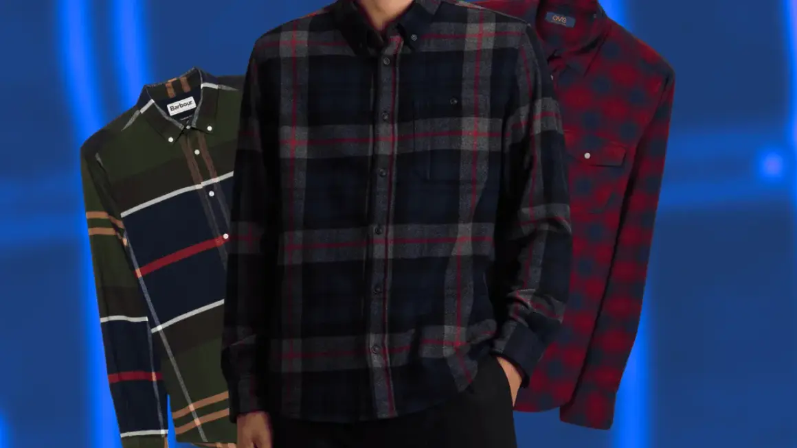 Tre camicie a quadri da uomo: una verde con blocchi di colore, una blu scuro con quadri rossi e grigi, e una rossa con quadri blu. Perfette per un outfit camicia flanella uomo.