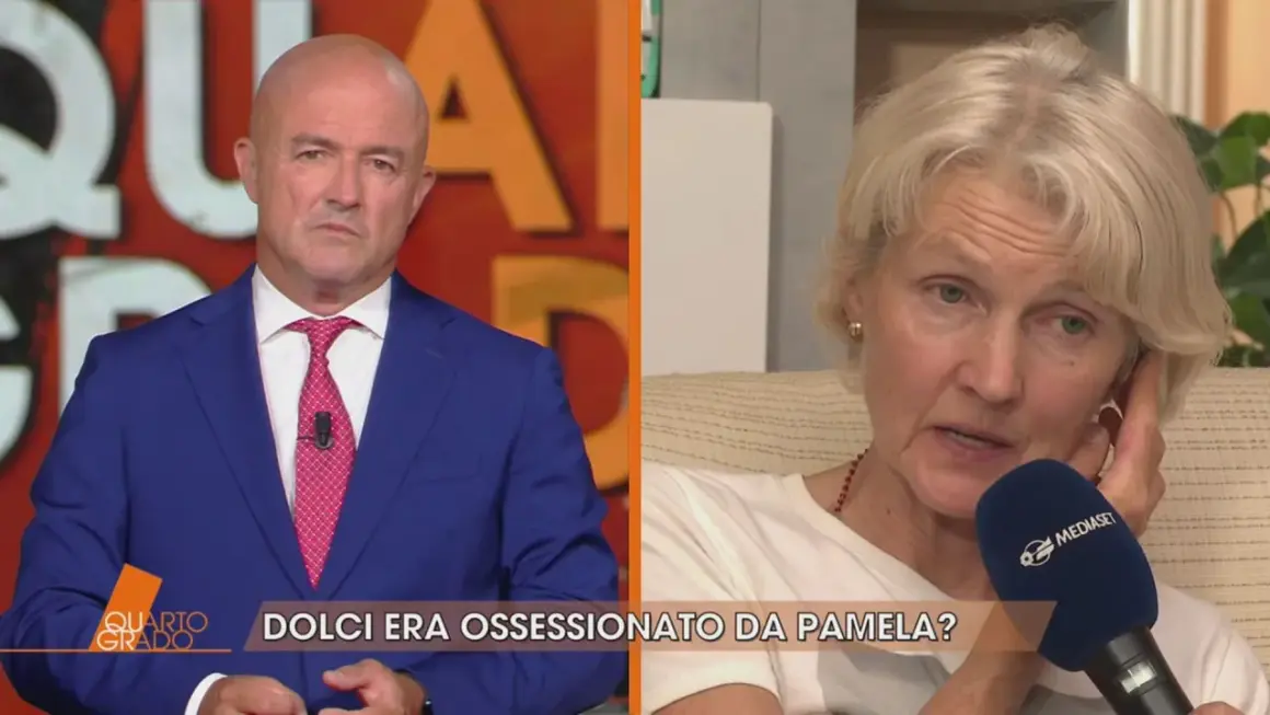 Uomo in giacca blu e donna bionda intervistata. La scritta "Quarto Grado" e "Dolci era ossessionato da Pamela?" suggeriscono un caso di cronaca.