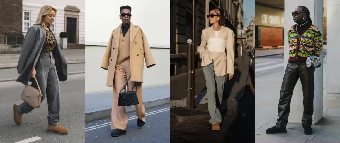 Quattro outfit urbani: uno con blazer grigio e pantaloni coordinati, un altro con cappotto cammello e pantaloni ampi, un terzo con blazer beige e corsetto, e l'ultimo con pantaloni in pelle e cardigan colorato. Due indossano un outfit con ugg neri.