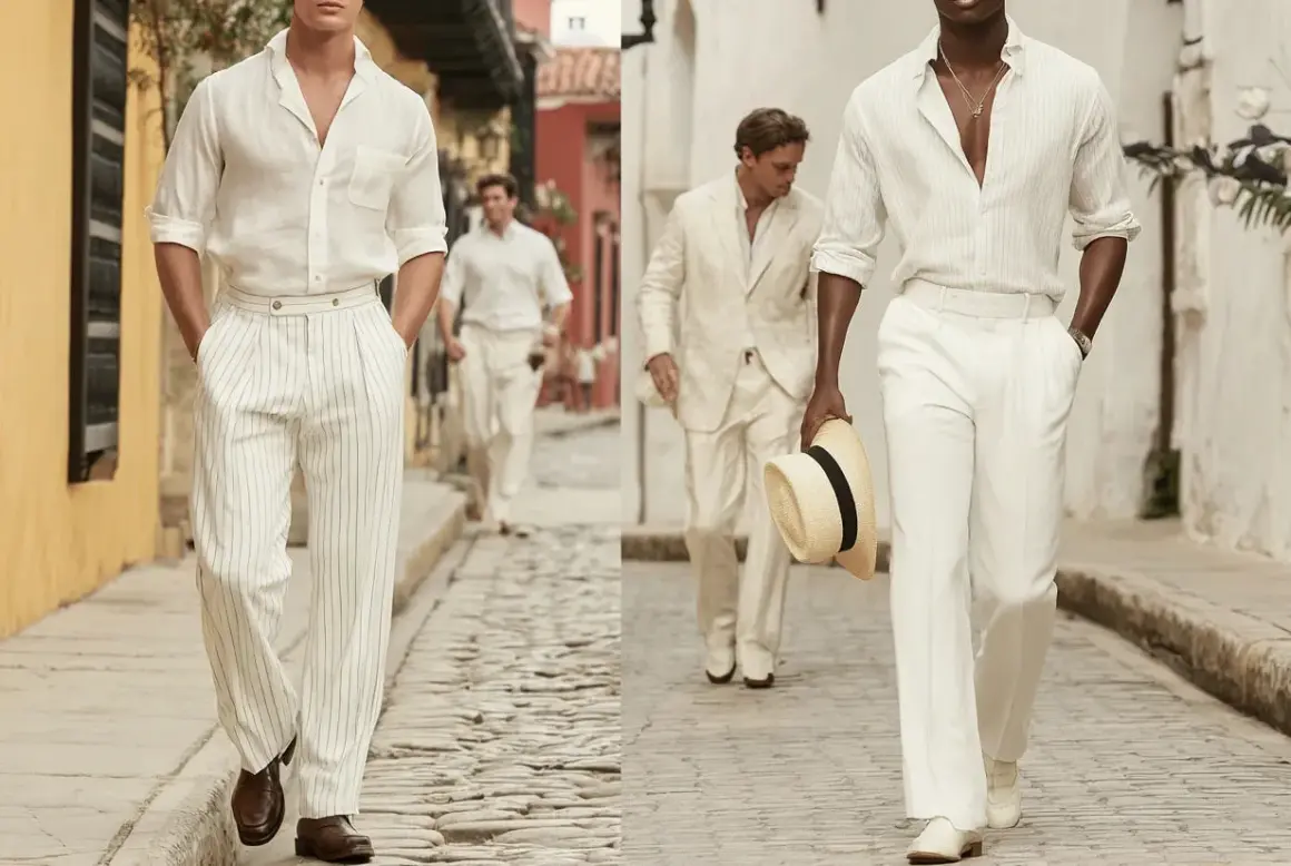 Uomini con eleganti pantaloni bianchi a righe e camicie leggere, passeggiano su un acciottolato.