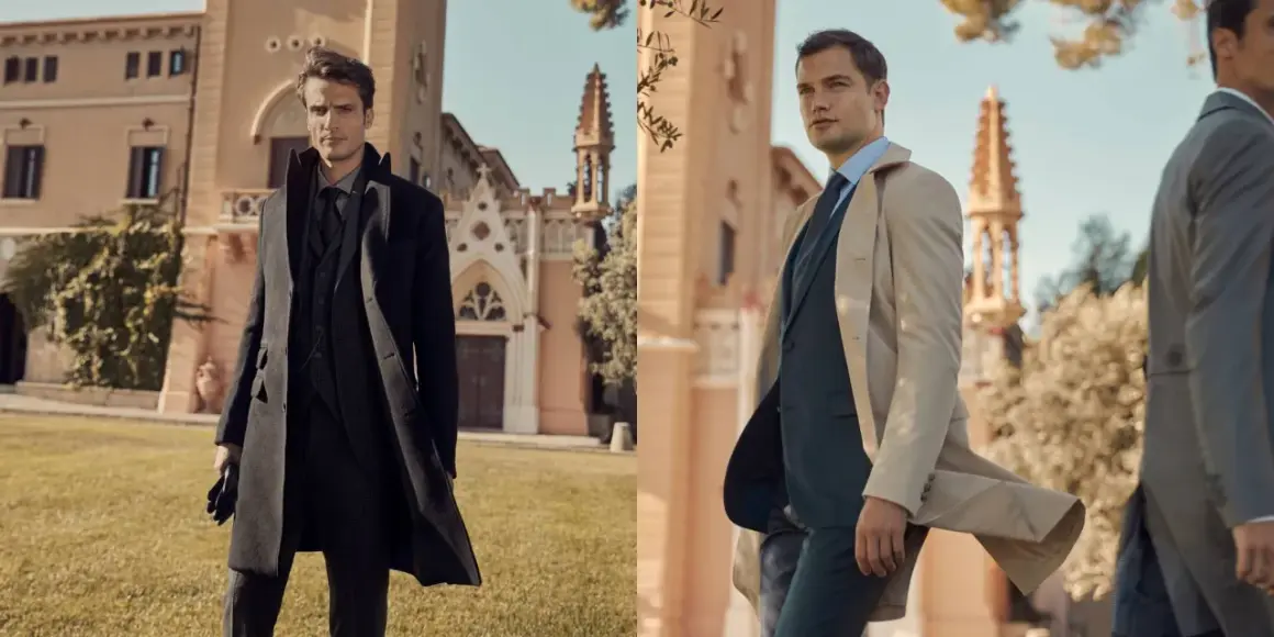 Uomo elegante con cappotto nero e completo grigio. La lunghezza cappotto uomo è perfetta per un look sofisticato.