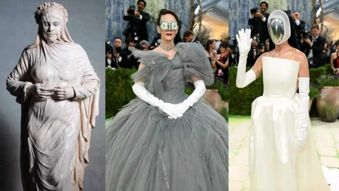 Statua velata, donna con banconote sugli occhi e figura con maschera argentata: ecco cos'è il Met Gala, un evento di moda e arte.