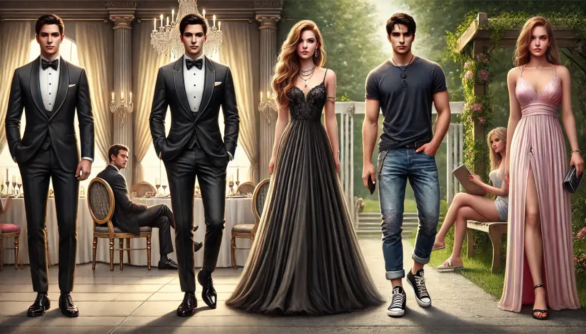 Uomini in smoking e donne con abiti eleganti, pronti per un evento **cocktail attire**.