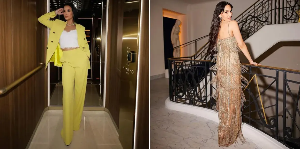 Donna in elegante tailleur giallo e abito da sera dorato con frange, mostrando diversi tipi di vestiti con nomi diversi.