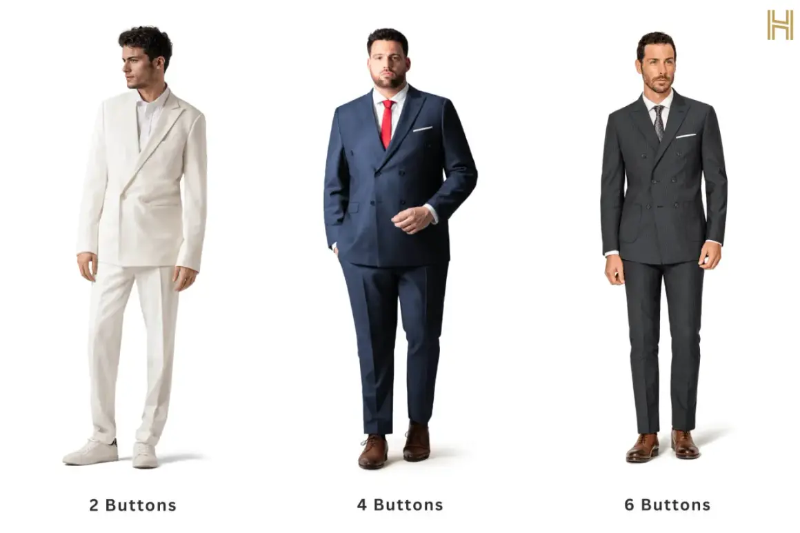Uomini in abiti eleganti: uno bianco monopetto, uno blu doppiopetto 4 bottoni, uno grigio doppiopetto 6 bottoni.
