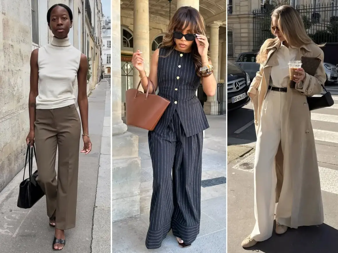 Tre donne sfoggiano un elegante outfit ufficio: pantaloni a palazzo, gilet sartoriale e trench.