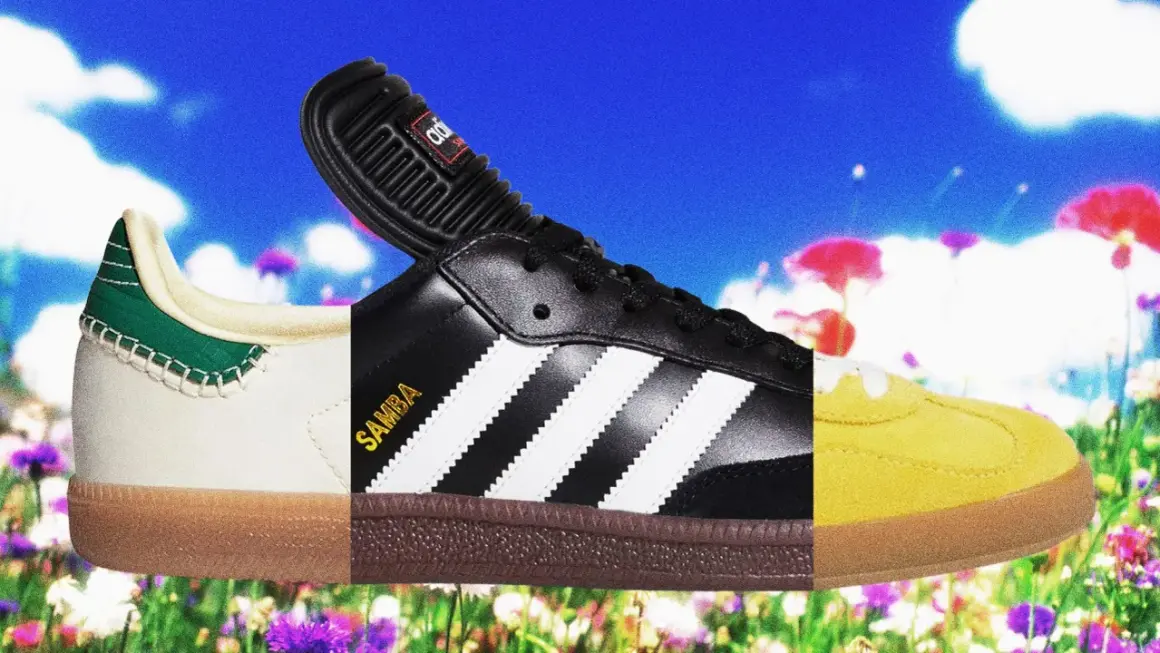 Tre versioni di Adidas Samba, un'icona di stile, su uno sfondo fiorito. La loro storia continua.