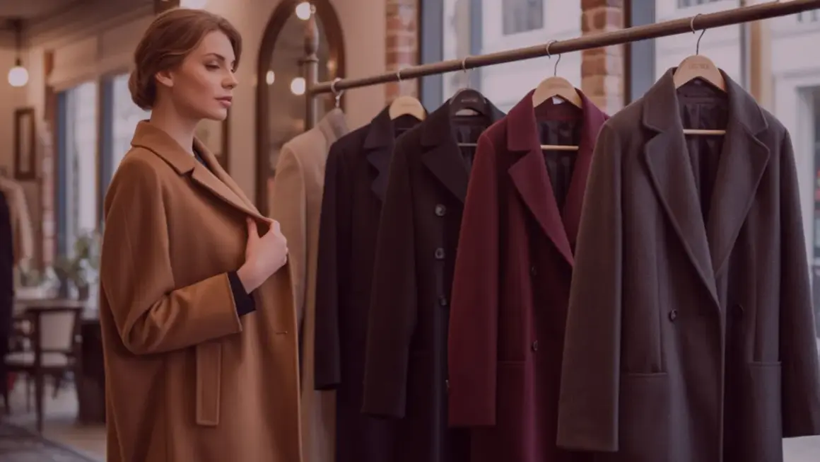 Donna osserva diversi tipi di cappotto in negozio: un modello cammello, nero, bordeaux e grigio scuro.