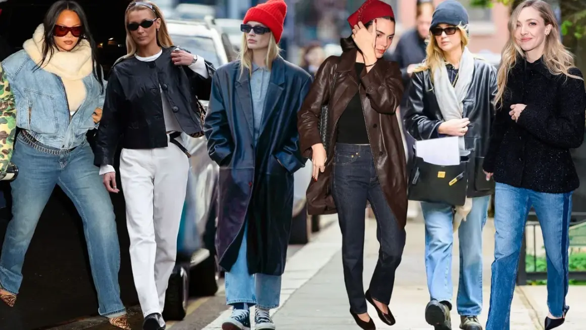 Sei donne sfoggiano outfit texani e jeans in varie tonalità, da quelle chiare a quelle scure, con giacche in pelle e cappotti.