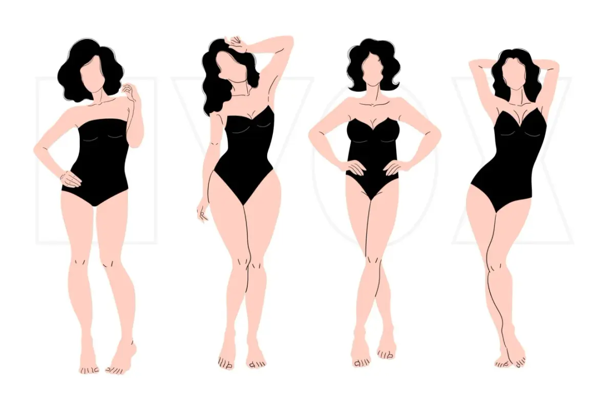 Quattro silhouette femminili in costume nero: una con fisico a rettangolo, una a clessidra, una a pera e una a triangolo invertito.