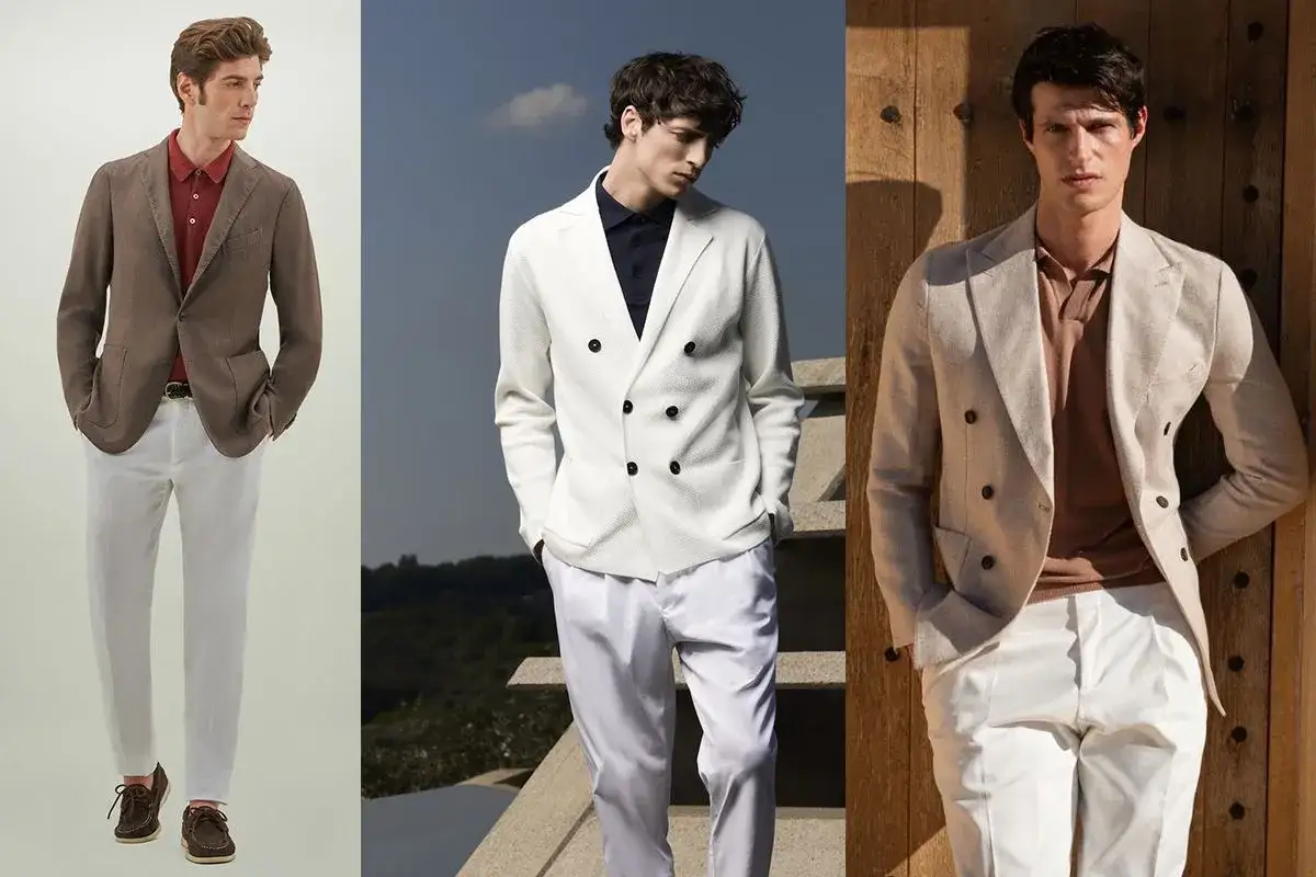 Tre uomini eleganti mostrano cosa mettere sotto la giacca: polo colorate o camicie casual.