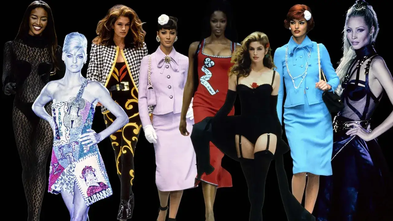 Iconiche modelle famose sfilano con abiti audaci e colorati, un tributo alla moda degli anni '90.
