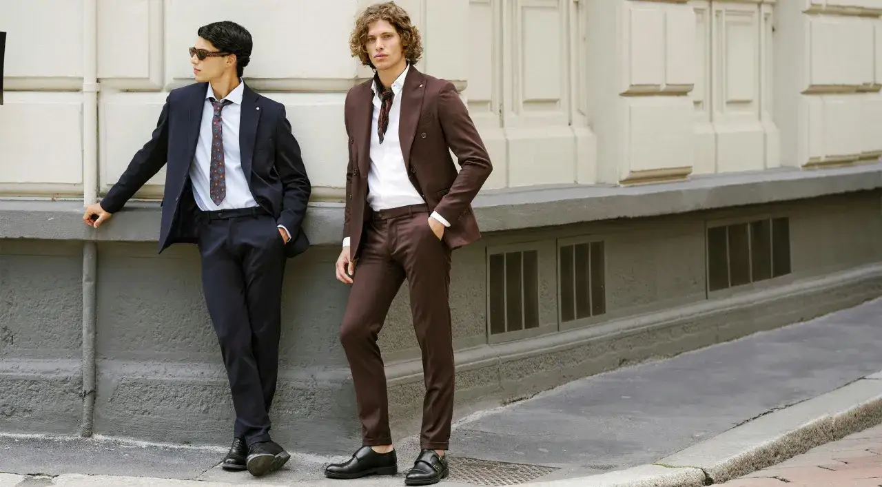 Due uomini con abiti eleganti, uno in blu scuro e l'altro in marrone, incarnano lo stile italiano uomo con disinvoltura.